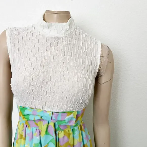 [Vintage] 60s 70s Cream Mock Neck Groovy Floral Print Bow Maxi Dress Sz Medium M - Picture 8 of 12